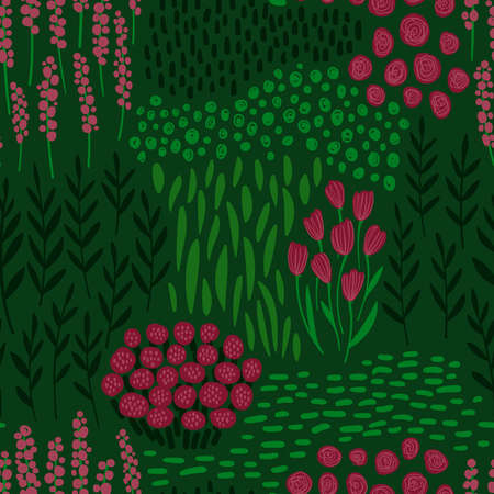 Bohemian floral seamless pattern. Rustic wildflowers wallpaper on a deep green background.のイラスト素材