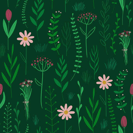 Bold floral seamless pattern. Rustic wildflowers wallpaper on a deep green background.のイラスト素材