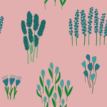 Lovely floral seamless pattern. Rustic wildflowers wallpaper on a pink background.のイラスト素材