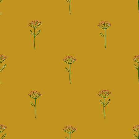 Tender floral seamless pattern. Simple rustic wildflowers wallpaper on a yellow background.のイラスト素材