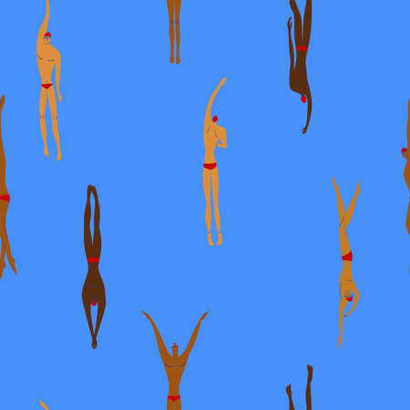 Colorful seamless pattern with swimmers. Swimming men fabric design, background or wallpaper.のイラスト素材