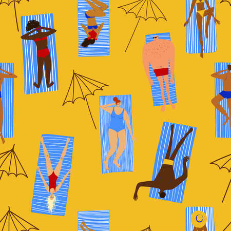 Colorful seamless pattern with people on the beach. Sunbathing men and women. Fabric design, background or wallpaper.のイラスト素材