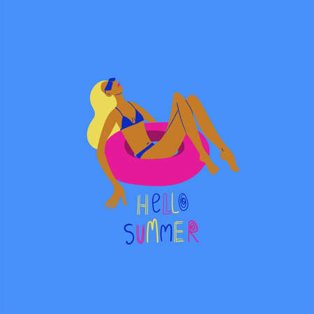 Funny cartoon illustration with sunbathing woman on the rubber swimming circle. Girl on vacation. Hello summer poster, print or t-shirt design.のイラスト素材