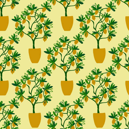 Seamless pattern with lemon tree pot on an yellow background. Wallpaper or wrapping paper botanical design.のイラスト素材