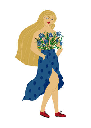 European woman with flowers on her breast. Plant lady illustration isolated on a white background. Feminine t-shirt design.のイラスト素材