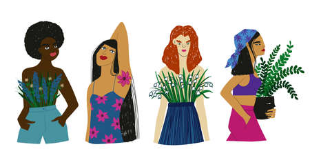 Women of different ethnicity with flowers. Collection with plant ladies illustrations.のイラスト素材