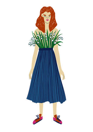 Redhead woman with flowers on her breast. Plant lady illustration isolated on a white background. Feminine t-shirt design.のイラスト素材