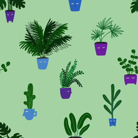 Seamless pattern with funny plant pots on a green background. Wallpaper or wrapping paper botanical design.のイラスト素材