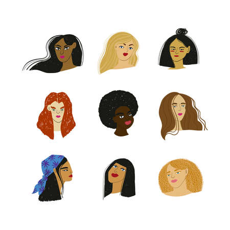 Cartoon women portraits of different ethnicity. Collection with isolated girl faces on a white background.のイラスト素材