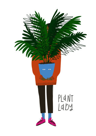 Afro American woman holding a big plant pot. Plant lady illustration isolated on a white background. T-shirt design.のイラスト素材