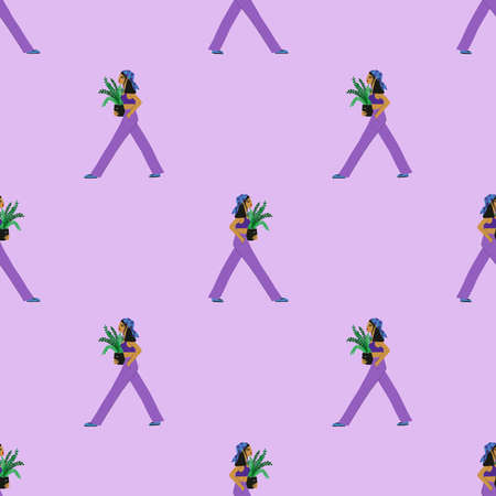 Seamlees pattern with Asian woman walking and holding plant pot. Plant lady surface design on a lavender background.のイラスト素材