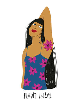 North American Indian woman in floral dress. Plant lady illustration isolated on a white background. Girl power t-shirt design.のイラスト素材