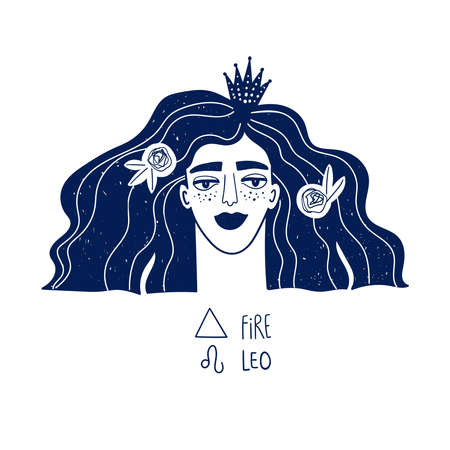 Leo astrological sign. Zodiac beautiful girl portrait isolated on a white. Vector illustration, tattoo or sticker.のイラスト素材