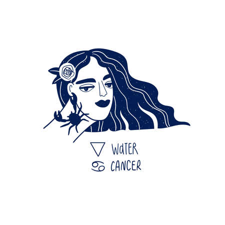 Cancer astrological sign. Zodiac beautiful girl portrait isolated on a white. Vector illustration, tattoo or sticker.のイラスト素材