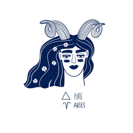 Aries astrological sign. Zodiac funky girl portrait isolated on a white. Vector illustration, tattoo or sticker.のイラスト素材