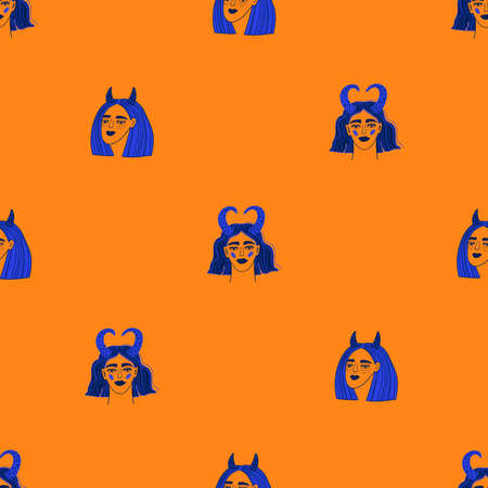 Bright colorful seamless pattern with funky zodiac girl faces. Mystic fabric design, wallpaper or background.のイラスト素材