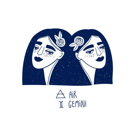 Gemini astrological sign. Zodiac funky girl portrait isolated on a white. Vector illustration, tattoo or sticker.のイラスト素材