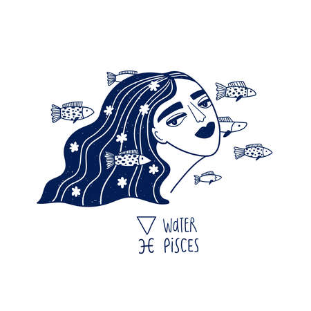 Pisces astrological sign. Zodiac beautiful girl portrait isolated on a white. Vector illustration, tattoo or sticker.のイラスト素材