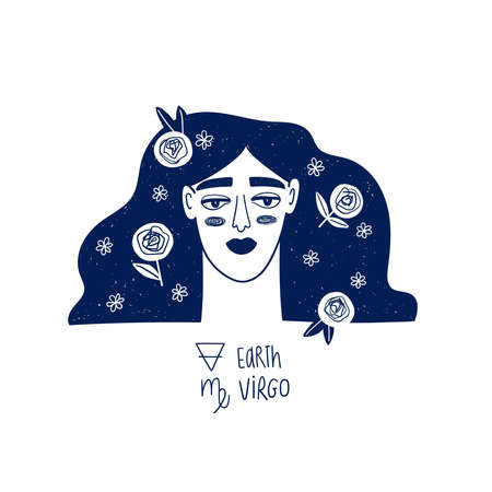 Virgo astrological sign. Zodiac beautiful girl portrait isolated on a white. Vector illustration, tattoo or sticker.のイラスト素材