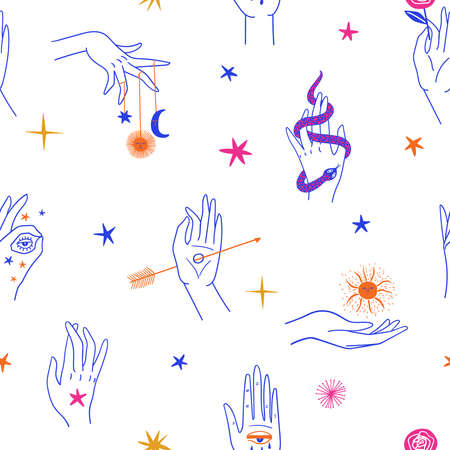 Colorful seamless pattern with female hands. Witchcraft and sorcery. Mystic fabric design, wallpaper or background.のイラスト素材