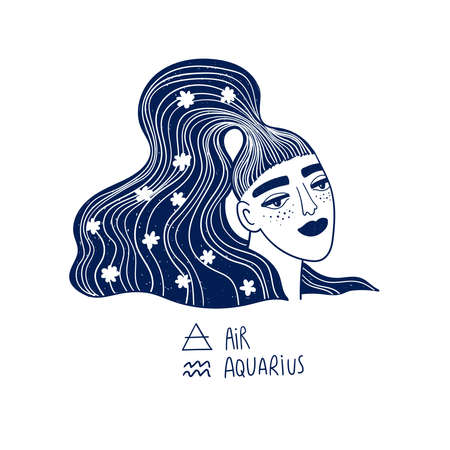 Aquarius astrological sign. Zodiac funky girl portrait isolated on a white. Vector illustration, tattoo or sticker.のイラスト素材