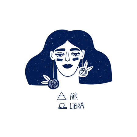 Libra astrological sign. Zodiac beautiful girl portrait isolated on a white. Vector illustration, tattoo or sticker.のイラスト素材