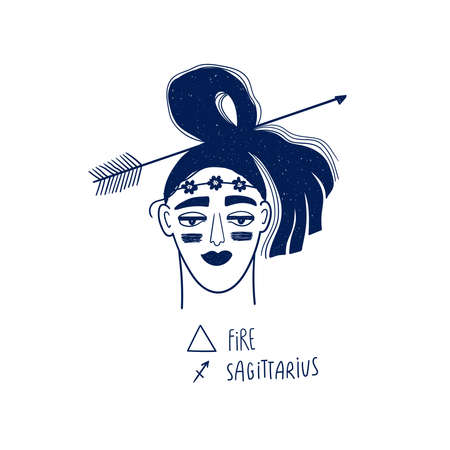 Sagittarius astrological sign. Zodiac funky girl portrait isolated on a white. Vector illustration, tattoo or sticker.のイラスト素材