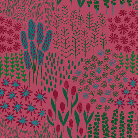 Cute floral seamless pattern. Rustic wildflowers wallpaper with chamomile on a pink background.のイラスト素材