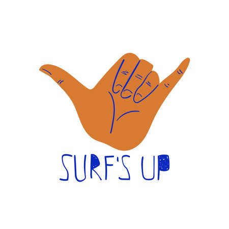 Illustration with surf hand gesture hang loose. Funny poster, print or t-shirt design.のイラスト素材