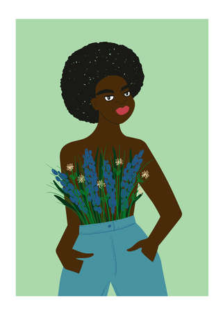 Afro American woman with flowers on her breast. Plant lady illustration. Feminine t-shirt design or poster.のイラスト素材