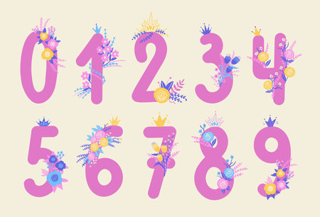 Set of isolated birthday numbers with floral decoration. Collection of number elemments for girls party.のイラスト素材