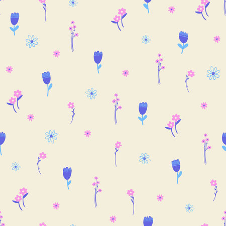 Seamless pattern with cute wild flowers. Colorful fairy tale wall paper for kids room or nursery. Girls fabric design.のイラスト素材
