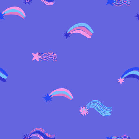 Seamless pattern of cute stars with rainbow tail. Colorful space wall paper for kids room, nursery. Cartoon cosmos print.のイラスト素材