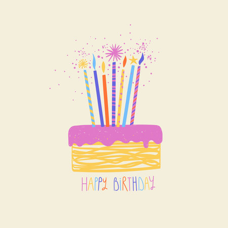 Illustration with isolated cartoon cake. Funny birthday card with cake and candles. Confectionery poster.のイラスト素材