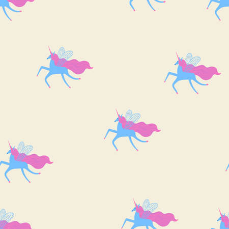Seamless pattern with cute running unicorns. Colorful fairy tale wall paper for girls room or nursery.のイラスト素材