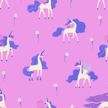 Seamless pattern with cute unicorns and flowers. Colorful fairy tale wall paper for kids room or nursery. Girls fabric design.のイラスト素材