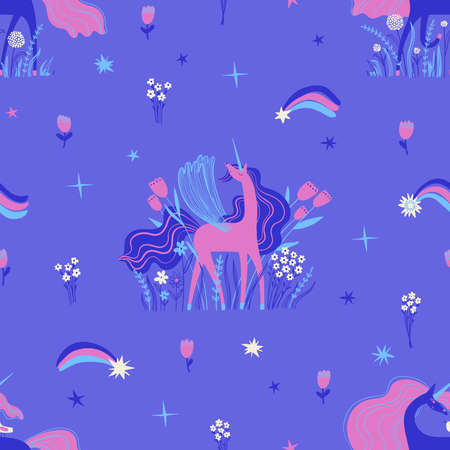 Seamless pattern with cute unicorns, flowers and stars. Colorful fairy tale wall paper for kids room or nursery. Girls fabric design.のイラスト素材