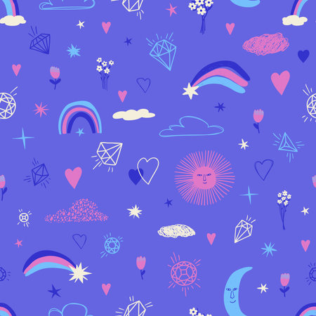 Seamless pattern with cute girlish elements. Colorful fairy tale wall paper for girls room or nursery.のイラスト素材