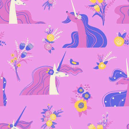 Seamless pattern with cute unicorn portraits and flowers. Colorful fairy tale wall paper for kids room or nursery. Girls fabric design.のイラスト素材