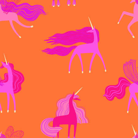 Seamless pattern with cute unicorns. Colorful fairy tale wall paper for kids room or nursery. Girls fabric design.のイラスト素材