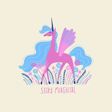 Isolated cute unicorn illustration with flowers. Card for birthday or party. Prints for nursery, girls room, t-shirt design.のイラスト素材