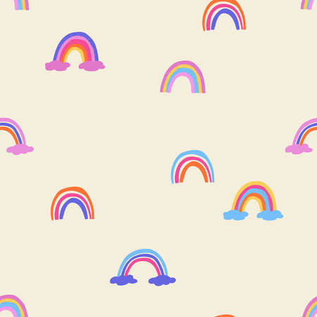 Cute seamless pattern with rainbows. Colorful wall paper for kids room or nursery. Girls fabric print design.のイラスト素材