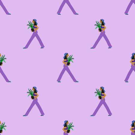 Seamless pattern with Asian woman walking and holding plant pot. Plant lady surface design on a lavender background.のイラスト素材