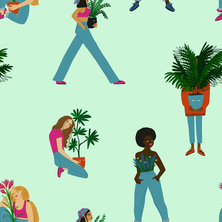 Seamlees pattern with women of different ethnicity. Plant ladies surface design on a blue green background.のイラスト素材