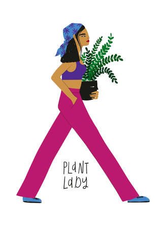 Asian woman walking and holding plant pot. Plant lady illustration isolated on a white background. Female t-shirt design.のイラスト素材