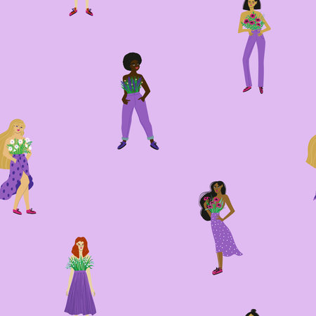 Seamless pattern with women of different ethnicity. Girls with flowers surface design on a lavender background.のイラスト素材