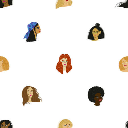 Seamless pattern with cartoon women portraits of different ethnicity. Surface design with colorful girl faces on a white background.のイラスト素材