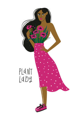 North American Indian woman with flowers on her breast. Plant lady illustration isolated on a white background. Feminine t-shirt design.のイラスト素材