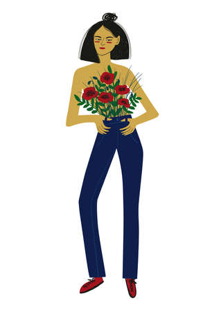 Asian woman with flowers on her breast. Plant lady illustration isolated on a white background. Feminine t-shirt design.のイラスト素材