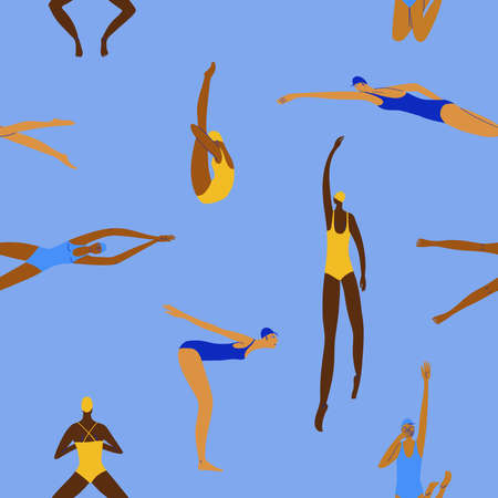 Colorful seamless pattern with swimmers. Funny swimming women fabric design, background or wallpaper.のイラスト素材